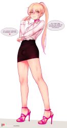 Rule 34 | 1boy, absurdres, ankle strap, blonde hair, bluefield, blush, bulge, choker, collared shirt, crossdressing, english text, full body, grin, hair between eyes, high heels, highres, long hair, looking at viewer, male focus, original, pencil skirt, pink hair, ponytail, sandals, shirt, skirt, smile, solo, strappy heels, toes, trap