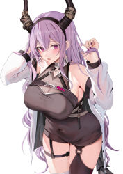 Rule 34 | 1girl, arknights, asymmetrical legwear, black thighhighs, blush, breasts, cleavage, covered navel, hair between eyes, hand in own hair, hands up, highres, horns, jacket, large breasts, long hair, long sleeves, looking at viewer, mismatched legwear, nail polish, off shoulder, open clothes, open jacket, purple eyes, purple hair, ru zhai, see-through, see-through cleavage, simple background, solo, tagme, tail, thighhighs, typhon (arknights), very long hair, white background, white jacket, white thighhighs