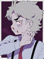Rule 34 | 1boy, a (poipiku 325815), blonde hair, blood, blood on face, border, bruise, bruised eye, clenched teeth, collared shirt, commentary request, crying, dio brando, furrowed brow, hand up, injury, jojo no kimyou na bouken, looking at viewer, male focus, necktie, nosebleed, open mouth, phantom blood, purple background, red eyes, red necktie, shirt, short hair, solo, suspenders, sweatdrop, tears, teeth, upper body, white border, white shirt