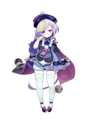 Rule 34 | 1girl, absurdres, bead necklace, beads, braid, full body, genshin impact, hair ornament, hat, highres, jewelry, jiangshi, long hair, long sleeves, looking at viewer, necklace, official art, purple eyes, purple hair, qingdai guanmao, qiqi (genshin impact), simple background, solo, thighhighs, white background, white thighhighs