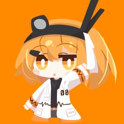Rule 34 | 1girl, a.i. voice, absurdres, adachi rei, arm up, belt, black hairband, black shirt, black skirt, bright pupils, chibi, commentary request, cropped legs, hair ornament, hair ribbon, hairband, hairclip, headlamp, highres, jacket, jitome, looking at viewer, one side up, open clothes, open jacket, open mouth, orange background, orange belt, orange eyes, orange hair, radio antenna, raised eyebrows, ribbon, shino8miya3, shirt, simple background, skirt, solo, triangle mouth, utau, waving, white jacket, white pupils, white ribbon