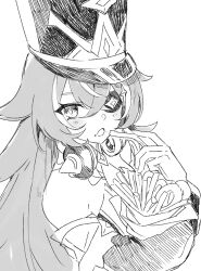Rule 34 | 1girl, bare shoulders, chevreuse (genshin impact), commentary, detached sleeves, earmuffs, earmuffs around neck, eyepatch, food, french fries, genshin impact, greyscale, hair between eyes, hat, highres, holding, holding food, long hair, monochrome, multicolored hair, onion rings, shako cap, shirase (shirose), simple background, solo, streaked hair, symbol-only commentary, upper body, very long hair, white background