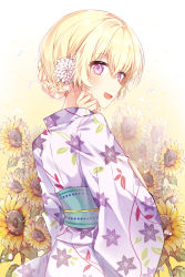 Rule 34 | 1girl, :d, alternate hairstyle, bad id, bad pixiv id, bang dream!, blonde hair, braid, floral background, floral print, flower, french braid, hair flower, hair ornament, hair up, hand up, highres, japanese clothes, kimono, looking at viewer, looking back, obi, open mouth, purple eyes, sash, shirasagi chisato, smile, solo, sunflower, taya oco, white flower, white kimono