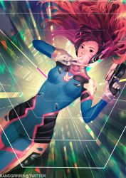 Rule 34 | 1girl, abstract background, animal print, big hair, bodysuit, breasts, brown eyes, brown hair, commentary, cowboy shot, d.va (overwatch), dutch angle, eyelashes, facepaint, facial mark, finger on trigger, finger to mouth, gloves, gun, handgun, headphones, high collar, highres, holding, holding gun, holding weapon, legs together, light smile, lips, long hair, looking at viewer, nose, overwatch, overwatch 1, pilot suit, pink lips, pistol, rabbit print, randgris, ribbed bodysuit, shoulder pads, skin tight, small breasts, solo, swept bangs, twitter username, v, weapon, whisker markings, white gloves