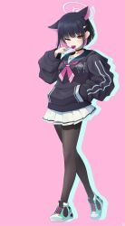 Rule 34 | 1girl, absurdres, animal ears, black choker, black hair, black jacket, black pantyhose, blue archive, blush, candy, cat ears, choker, colored inner hair, extra ears, food, full body, hair ornament, hairclip, halo, highres, holding, holding candy, holding food, jacket, kazusa (blue archive), koflif, long sleeves, looking at viewer, multicolored hair, pantyhose, pink background, pink hair, pink halo, pleated skirt, red eyes, shoes, short hair, simple background, skirt, solo, tongue, tongue out, white skirt