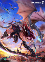 Rule 34 | 10s, 1girl, 2015, armor, armored dress, breasts, cityscape, clenched teeth, cloud, cloudy sky, collarbone, commentary request, dated, dragon, dragon girl, dragon horns, flying, frown, gauntlets, greaves, highres, holding, holding sword, holding weapon, horns, long hair, looking at viewer, monster girl, mountain, original, outdoors, red hair, serious, sky, slit pupils, smoke, solo, sword, tail, taipei 101, teeth, twilight, watermark, weapon, wolksheep, yellow eyes