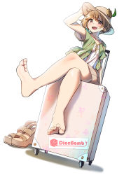 Rule 34 | 1girl, :d, aiba yumi, bare legs, barefoot, blonde hair, blush, breasts, brown hair, brown hat, casino (casinoep), character request, crossed legs, feet, flower, full body, green jacket, hat, hat flower, high heels, highres, idolmaster, idolmaster cinderella girls, jacket, looking at viewer, luggage, non-web source, open clothes, open jacket, open mouth, rolling suitcase, sandals, shirt, shoes, short hair, short sleeves, simple background, sitting, small breasts, smile, soles, solo, suitcase, sun hat, sunflower, toes, unworn sandals, unworn shoes, wedge heels, white background, white shirt