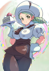 Rule 34 | 1girl, apron, ascot, blush, breasts, brown apron, brown ascot, brown eyes, brown pants, buttons, cake, cake slice, closed mouth, commentary request, cowboy shot, creatures (company), food, game freak, gloves, green hair, hand on own hip, hand up, hat, holding, holding plate, katy (pokemon), large breasts, masamu (leonore69), mole, nintendo, pants, plate, pokemon, pokemon sv, shirt, smile, solo, split mouth, waist apron, white hat, white shirt