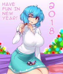 Rule 34 | 1girl, 2018, aqua skirt, barefoot, blue hair, bomb, breasts, christmas lights, commentary, covered erect nipples, english text, engrish text, explosive, firecrackers, gradient background, hater (hatater), highres, holding, huge breasts, indoors, long sleeves, looking at viewer, miniskirt, new year, one eye closed, purple background, ranguage, red eyes, seiza, shirt, short hair, sitting, skirt, smile, solo, tatara kogasa, thighs, tongue, tongue out, touhou, umbrella, white background, white shirt