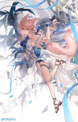 Rule 34 | 1girl, animal ear fluff, animal ears, arknights, artist name, bare legs, blue bow, blue dress, blue eyes, blue ribbon, bow, breasts, commentary, dress, full body, hair bow, hand up, heidi (a thousand correspondences) (arknights), heidi (arknights), highres, long hair, looking at viewer, medium breasts, pink hair, ribbon, sandals, see-through, see-through skirt, sideboob, sidelocks, skirt, sleeveless, sleeveless dress, solo, striped, striped bow, tail, white dress, yipingtaopuzi