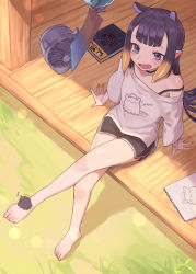 Rule 34 | 1girl, :d, absurdres, ao-chan (ninomae ina&#039;nis), bare legs, barefoot, black shorts, blonde hair, blunt bangs, blush, book, bra strap, crossed legs, dolphin shorts, electric fan, fang, from above, full body, grass, highres, hololive, hololive english, kiwwwwwi, long hair, looking at animal, mole, mole under eye, multicolored hair, ninomae ina&#039;nis, off shoulder, open mouth, pointy ears, print shirt, purple eyes, purple hair, shirt, shorts, sitting, sketchbook, smile, solo, streaked hair, takodachi (ninomae ina&#039;nis), very long hair, virtual youtuber, white shirt, wooden floor