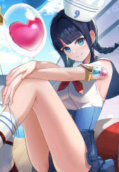 Rule 34 | 1girl, absurdres, armlet, bare shoulders, black hair, blue eyes, blue sailor collar, blue skirt, blush, braid, breasts, buttons, dolce (dolsuke), double-breasted, fate/grand order, fate (series), hat, highres, looking at viewer, low twin braids, medium breasts, medium hair, multicolored hair, one-piece swimsuit, pink hair, sailor collar, sailor hat, sidelocks, skirt, smile, solo, streaked hair, swimsuit, thighs, twin braids, utsumi erice, utsumi erice (swimsuit avenger), utsumi erice (swimsuit avenger) (second ascension), white hat, white one-piece swimsuit