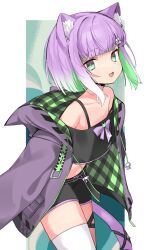 Rule 34 | 1girl, :d, animal ear fluff, animal ears, bare shoulders, belt, black shirt, black shorts, blunt bangs, cat ears, cat girl, colored inner hair, commission, crop top, cropped shirt, fang, gradient hair, green eyes, green hair, highres, indie virtual youtuber, jacket, long sleeves, looking at viewer, multicolored hair, navel, off shoulder, open clothes, open jacket, open mouth, purple jacket, second-party source, shirt, short hair, short shorts, shorts, shwaa, signal 1120, single thighhigh, skeb commission, skin fang, smile, thighhighs, virtual youtuber, white hair, white thighhighs