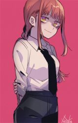 Rule 34 | 1girl, arms behind back, artist name, black necktie, black pants, braid, braided ponytail, chainsaw man, closed mouth, collared shirt, hand on own arm, high-waist pants, light smile, long hair, long sleeves, looking to the side, makima (chainsaw man), necktie, pants, pink eyes, red hair, ringed eyes, shirt, shirt tucked in, solo, white shirt, yellow eyes, yuusuke-kun
