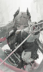 Rule 34 | 1girl, absurdres, arknights, bandolier, black coat, black gloves, blunt bangs, blurry, blurry foreground, coat, covered mouth, floating hair, gloves, grey background, grey eyes, grey hair, gun, handgun, head wings, highres, holding, holding sword, holding weapon, holstered, irene (arknights), long hair, long sleeves, looking at viewer, multicolored clothes, multicolored skirt, nueegochi, outstretched arm, pink skirt, puffy long sleeves, puffy sleeves, quilted clothes, rain, rapier, scar, scar across eye, serious, skirt, sleeve cuffs, solo, sword, weapon, white skirt, wings