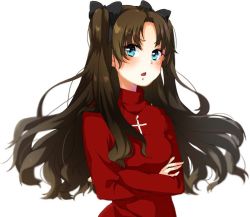 Rule 34 | 1girl, artist request, black hair, fate/stay night, fate (series), green eyes, hair ribbon, long hair, looking at viewer, open mouth, red sweater, ribbon, solo, tohsaka rin, turtleneck, twintails, usagiofshintaro