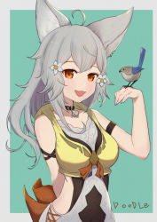 Rule 34 | 1girl, :d, ahoge, animal, animal ear fluff, animal ears, animal on hand, arm behind back, bare shoulders, bird, bird on hand, black collar, breasts, brown eyes, collar, collarbone, commentary request, dress, erune, fang, flower, granblue fantasy, green background, grey background, grey dress, grey flower, grey hair, hair flower, hair ornament, hand up, highres, long hair, looking at viewer, medium breasts, open mouth, sen (granblue fantasy), sleeveless, sleeveless dress, smile, solo, two-tone background, uneg