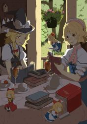 Rule 34 | 2girls, ai-wa, alice margatroid, blonde hair, book, bow, braid, brown eyes, capelet, cleaver, clock, cup, dress, drinking glass, flower, food, fruit, hairband, hat, highres, hourai doll, kirisame marisa, multiple girls, mushroom, open book, reading, shanghai doll, side braid, smile, strawberry, table, teacup, team shanghai alice, teapot, touhou, tree, wine glass, witch hat