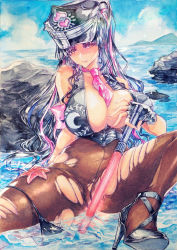 Rule 34 | 1girl, bare shoulders, beach, bikini, black bikini, black gloves, black hair, black hat, black pantyhose, blue sky, blush, breasts, chikinan tarou, cleavage, covered navel, facial mark, fate/grand order, fate (series), fingerless gloves, forehead mark, gloves, halterneck, hat, high heels, highres, large breasts, long hair, looking at viewer, marker (medium), multicolored hair, necktie, painting (medium), pantyhose, parted bangs, pink hair, pink necktie, police hat, ponytail, sessyoin kiara, sessyoin kiara (swimsuit mooncancer), sessyoin kiara (swimsuit mooncancer) (second ascension), sky, smile, solo, streaked hair, swimsuit, thighs, torn clothes, traditional media, very long hair, watercolor (medium), yellow eyes