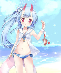 Rule 34 | 1girl, absurdres, alternate hairstyle, beach, blue archive, blush, chibitan, chise (blue archive), chise (swimsuit) (blue archive), collarbone, crab, hair between eyes, halo, highres, horns, innertube, long hair, looking at viewer, ocean, oni horns, red eyes, side ponytail, solo, swim ring, swimsuit