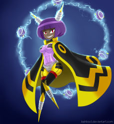 Rule 34 | 1girl, 2016, android, blue background, bob cut, breasts, cape, dark-skinned female, dark skin, dynatron (mighty no. 9), electricity, highres, horns, kainkout, light bulb, mighty no. 9, purple hair, red eyes, sharp teeth, short hair, smile, solo, teeth