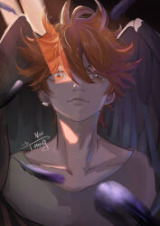 Rule 34 | 1boy, absurdres, black wings, character request, chinese commentary, closed mouth, commentary request, copyright request, dated, expressionless, feathered wings, feathers, green shirt, hair between eyes, highres, lips, male focus, messy hair, orange hair, sanshui guantang, shirt, short hair, signature, solo, straight-on, sunlight, upper body, wings