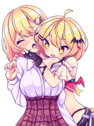 Rule 34 | 2girls, ahoge, aya chan1221, bat hair ornament, bat wings, black gloves, blonde hair, blush, bob cut, breasts, closed eyes, cropped shirt, fang, fingerless gloves, gloves, grin, hair ornament, hairclip, hand on another&#039;s cheek, hand on another&#039;s face, high-waist skirt, highres, hololive, hololive english, large breasts, multiple girls, partially undressed, plaid, plaid skirt, pocket watch, saliva, shirt, shorts, simple background, skirt, smile, strap slip, trait connection, virtual youtuber, watch, watson amelia, white background, white shirt, wings, yellow eyes, yozora mel, yozora mel (2nd costume), yuri