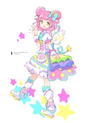 Rule 34 | 1girl, :d, blue bow, bow, bubble skirt, double bun, earrings, flower, full body, hair bow, hair bun, hand up, highres, idol clothes, jewelry, kiracchu (pri chan), kiratto pri chan, looking at viewer, open hand, open mouth, pink hair, pouch, pretty series, puffy short sleeves, puffy sleeves, shirt, shoes, short sleeves, skirt, smile, solo, standing, standing on one leg, star-shaped pupils, star (symbol), star earrings, symbol-shaped pupils, tail, tulaca (pixiv), white flower, wings, yellow eyes