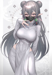 Rule 34 | 1girl, absurdres, black hair, breasts, double bun, dress, earrings, hair bun, highres, hitowa, jewelry, large breasts, looking at viewer, mask, mouth mask, original, pointy ears, solo