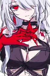 Rule 34 | 1girl, acheron (honkai: star rail), black choker, body markings, breasts, choker, cleavage, closed mouth, earrings, expressionless, flower, hair over one eye, highres, honkai: star rail, honkai (series), jewelry, long hair, looking at viewer, mokota, red eyes, red flower, single earring, sketch, solo, white background, white hair