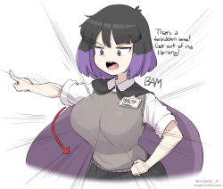 Rule 34 | 1girl, arrow (symbol), black hair, breasts, cape, collared shirt, emphasis lines, english text, hand on own hip, hilda, kaisa (hilda), large breasts, librarian, magister, multicolored hair, name tag, pointing, purple cape, purple hair, shirt, short hair, short sleeves, simple background, solo, sweater vest, two-tone hair, upper body, white background, white shirt, witch