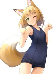 Rule 34 | 1girl, animal ear fluff, animal ears, bare arms, bare shoulders, blonde hair, blue one-piece swimsuit, blush, closed mouth, commentary request, cowboy shot, fox ears, fox girl, fox tail, gluteal fold, green eyes, hands up, highres, old school swimsuit, one-piece swimsuit, one eye closed, original, school swimsuit, shibacha, simple background, solo, swimsuit, tail, white background