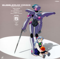 Rule 34 | 1990s (style), 2girls, absurdres, armor, back-to-back, ball, blade, blue hair, bubblegum crisis 2040, child, company name, copyright name, dress, hardsuit, highres, holding, holding ball, laserdisc cover, light blue hair, logo, long hair, multiple girls, non-web source, official art, power armor, retro artstyle, scan, sitting, standing, sylia stingray