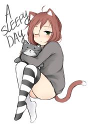 Rule 34 | absurdres, animal ears, brown hair, cat ears, cat tail, green eyes, highres, himeichi, oversized clothes, sitting, sleepy, striped legwear, stuffed animal, stuffed toy, tail, thighhighs, thighs