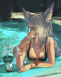 Rule 34 | 1girl, animal ear fluff, black one-piece swimsuit, bracelet, breasts, cleavage, closed mouth, commentary request, cup, daible, drinking straw, facial mark, grey hair, hand up, highres, jewelry, lipstick, long hair, looking at viewer, makeup, medium breasts, nia (xenoblade), one-piece swimsuit, over-rim eyewear, partially submerged, pool, profile, red lips, semi-rimless eyewear, solo, straight hair, sunglasses, swimsuit, very long hair, water, xenoblade chronicles (series), xenoblade chronicles 2, xenoblade chronicles 3, yellow eyes
