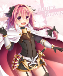Rule 34 | 1boy, :d, absurdres, armor, astolfo (fate), black bow, blush, bow, character name, english text, fang, fate/apocrypha, fate (series), gloves, guardian-panda, highres, long hair, looking at viewer, male focus, open mouth, pink background, pink eyes, pink hair, smile, solo, thighhighs