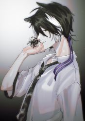 Rule 34 | 1boy, animal ears, black hair, black necktie, collared shirt, from side, gradient background, hair between eyes, hair ribbon, hand in own hair, highres, holostars, jackal boy, jackal ears, kageyama shien, looking at viewer, low ponytail, male focus, medium hair, momiage 40, multicolored hair, necktie, official alternate costume, open collar, parted lips, profile, purple ribbon, ribbon, shirt, short sleeves, sideways glance, smile, solo, two-tone hair, upper body, virtual youtuber, white hair, white shirt, yellow eyes