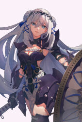 Rule 34 | 1girl, absurdres, aqua eyes, armor, breasts, cleavage, commentary, double bun, english commentary, enxing9, grey hair, hair bun, highres, holding, holding sword, holding weapon, knight, long hair, medium breasts, nijisanji, nijisanji en, shoulder armor, simple background, solo, sword, victoria brightshield, virtual youtuber, weapon, white background