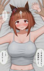 Rule 34 | 1girl, 1other, absurdres, animal ears, armpits, blush, bob cut, bow, breasts, brown hair, ear ornament, ear ribbon, highres, horse ears, horse girl, inverted bob, large breasts, looking at viewer, lying, on back, on bed, pants, pinned, red eyes, solo focus, sukenoha, sweatpants, tank top, transcend (umamusume), translated, umamusume