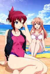Rule 34 | 10s, 2girls, ;o, absurdres, beach, bikini, breasts, brown hair, cleavage, cloud, day, folded ponytail, highres, horizon, koumi haruka, large breasts, legs together, long hair, looking back, multiple girls, nyantype, ocean, official art, one-piece swimsuit, one eye closed, outdoors, parted lips, pink one-piece swimsuit, rail wars!, red hair, sakurai aoi, sand, scan, short hair, sky, swimsuit, tareme, unzipped, vest, water, wet, zipper