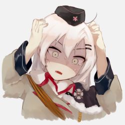 Rule 34 | 1girl, black hat, fujiwara rein, garrison cap, girls&#039; frontline, grey background, hair ornament, hairclip, hat, jacket, long hair, long sleeves, open mouth, shaded face, silver hair, simple background, solo, svd (girls&#039; frontline), tears