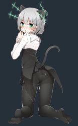 Rule 34 | 1girl, animal ears, ass, bad id, bad pixiv id, black pantyhose, blush, cat ears, cat tail, crotch seam, green eyes, highres, hirschgeweih antennas, kinakomoti, looking at viewer, military, military uniform, panties, panties under pantyhose, pantyhose, sanya v. litvyak, shiny clothes, short hair, silver hair, simple background, solo, strike witches, tail, underwear, uniform, world witches series