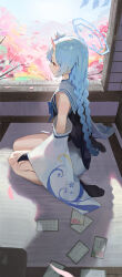 Rule 34 | 1girl, absurdres, black socks, blue archive, blue hair, blue halo, blush, braid, bridal gauntlets, cherry blossoms, chise (blue archive), detached sleeves, dress, falling petals, halo, highres, horns, indoors, kji (rozo), long hair, looking ahead, oni horns, petals, red eyes, sailor collar, sitting, sleeveless, sleeveless dress, socks, solo, twin braids, wariza, white sleeves, wide sleeves