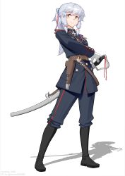 Rule 34 | 1girl, absurdres, belt, boots, epaulettes, full body, gloves, grey hair, hair between eyes, highres, holster, medal, military, military uniform, original, pants, ponytail, resolution mismatch, saber (weapon), shadow, sheath, sheathed, smile, solo, source larger, standing, sword, thick eyebrows, uniform, vectorek, weapon, white background, white gloves, yellow eyes