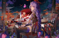 Rule 34 | 1girl, armor, artist name, blood, braid, breasts, bug, butterfly, cake, chair, closed mouth, commentary, english commentary, food, genshin impact, hair ornament, highres, insect, japanese clothes, kimono, large breasts, long hair, looking at viewer, mask, nail polish, obi, obiage, purple eyes, purple hair, purple nails, raiden shogun, rain, ribbon, sash, shoulder armor, sitting, solo, table, tengu mask, thighhighs, yeurei