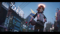Rule 34 | 1girl, antennae, arknights, ball, basketball, basketball (object), black gloves, black pantyhose, blue sky, breasts, brown eyes, brown hair, building, chromatic aberration, city, closed mouth, dutch angle, exusiai (arknights), facing viewer, fingerless gloves, gloves, hair over one eye, halo, highres, ibara dance, jacket, lamppost, letterboxed, outdoors, pantyhose, road sign, short hair, sign, skirt, sky, small breasts, solo, solo focus, standing, sunset, swept bangs, traffic light, tree, wings