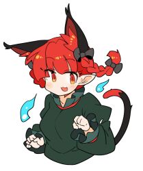 Rule 34 | 1girl, animal ears, blush, bow, braid, cat ears, cat girl, cat tail, commentary, fang, green shirt, hair bow, highres, ini (inunabe00), kaenbyou rin, long sleeves, medium hair, nekomata, open mouth, pointy ears, puffy sleeves, red eyes, red hair, shirt, simple background, smile, solo, tail, touhou, twin braids, upper body, white background