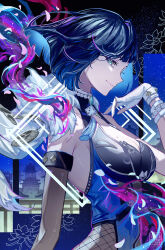 Rule 34 | 1girl, absurdres, blue eyes, blue hair, blunt bangs, bracelet, breasts, building, cleavage, closed mouth, elbow gloves, falling petals, fingerless gloves, fingernails, flower, from side, fur trim, genshin impact, gloves, highres, hitohachan, jewelry, large breasts, looking at viewer, nail polish, night, night sky, petals, pink nails, rose petals, short hair, single fingerless glove, sky, smile, solo, star (sky), starry sky, white gloves, window, yelan (genshin impact)