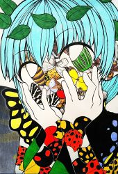 Rule 34 | 1girl, black dress, blue hair, bug, butterfly, butterfly wings, commentary, dress, eternity larva, green dress, green eyes, hair ornament, hands on own face, heterochromia, highres, iigudaguda1122, insect, insect wings, ladybug, leaf hair ornament, looking at viewer, multicolored clothes, multicolored dress, short hair, solo, touhou, traditional media, upper body, wings, yellow eyes