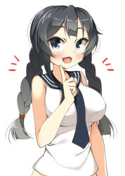 Rule 34 | 10s, 1girl, :d, agano (kancolle), alternate hairstyle, bad id, bad pixiv id, black hair, blue eyes, blush, braid, kankitsunabe (citrus), kantai collection, long hair, necktie, open mouth, sailor collar, smile, solo, twin braids, upper body, white background
